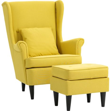Fauteuil à oreilles avec repose-pieds, fauteuil rembourré avec pieds en bois d'hévéa, revêtement en tissu, jaune (1/5)