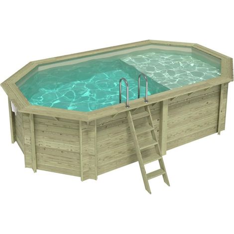 Piscine en bois NEMO 5.79 x 3.49 - H.1.45 m avec plage, sable, fixations à sceller