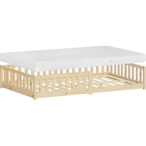 ML-Design Kinderbett 120x200 cm Natur mit Matratze H:16cm, Bodenbett für Kinder mit Lattenrost&Rausfallschutz, Jugendbett aus massivem Kiefernholz, Bettgestell für Jungen/Mädchen, Holzbett Doppelbett (1/5)
