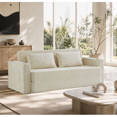 2-Sitzer Schlafsofa 153x77x65 cm aus beigem Chenille mit USB für Wohnzimmer – MEUBLIV (1/5)