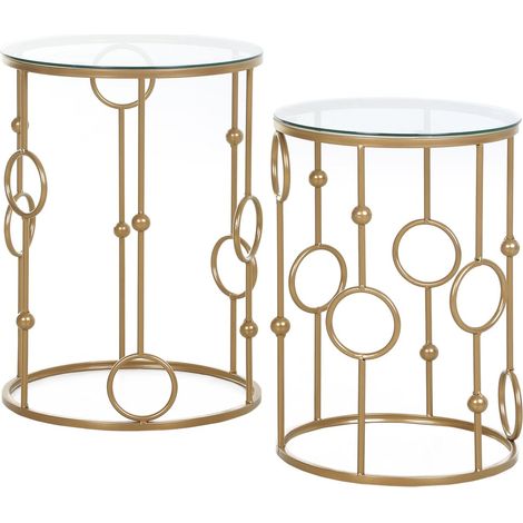 2er set couchtisch beistelltisch mit glasplatte wohnzimmertisch mit reifen und kugeldesign 41 x 57 cm gold 211501775 (1/5)