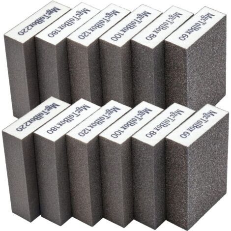 12pcs Éponge de ponçage, Cales à poncer kit Polissage Grain 60/80/100/120/180/220 spécifications lavables et réutilisables