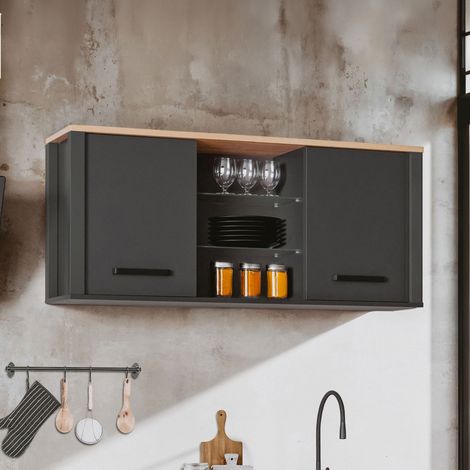 Meuble haut de cuisine 2 portes 70x60x60 cm anthracite et chêne (1/5)