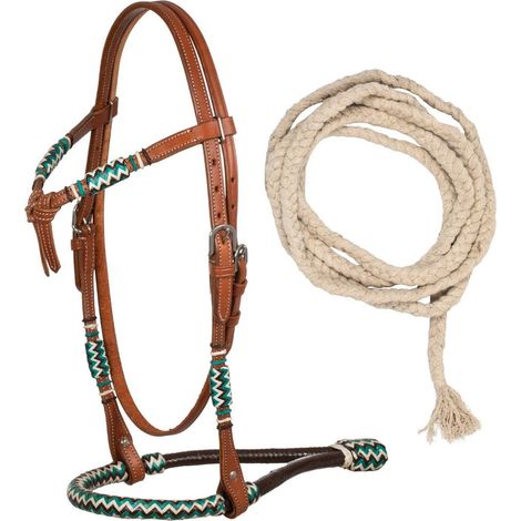 Bosal set western in cuoio decorato con pezzi di cuoio intrecciati e mecate in cotone