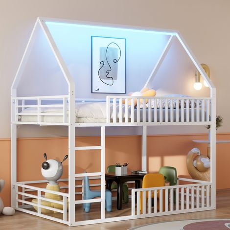 Lit mezzanine maison 140x200 cm en métal blanc avec barrière de sécurité et éclairage LED (1/5)