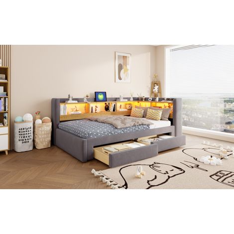 Schlafsofa 90/200 cm Grau, ausziehbar 180/200 cm mit LED, Steckdose und Schubladen (1/5)