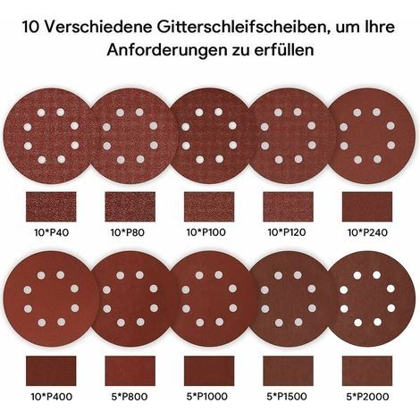 Schleifscheiben, 80 Stück, 125 mm Schleifscheiben, Schleifpapier, Schleifscheiben für Exzenterschleifer, 10 Stück P40 / P80 / P100 / P120 / P240 / P400, 5 Stück P800 / P1000 / P1500 / P2000, 8 Löcher (1/4)
