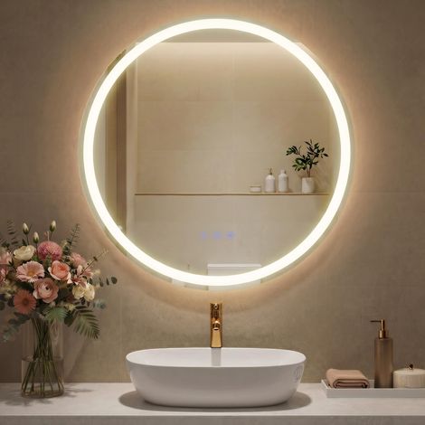 Miroir de Salle de Bain avec Éclairage, Miroir Mural Rond, Anti-buée, Température et Luminosité Réglables, pour Coiffeuse, Chambre, 61 cm, Blanc Nuage (1/5)