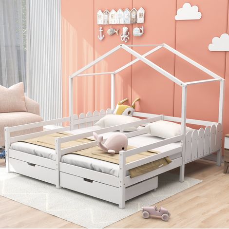 Lit cabane double 200/90 cm blanc en bois massif avec 2 tiroirs sur roulettes et barrières de sécurité (1/5)