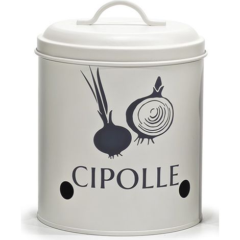 Barattolo in Latta Porta Cipolle Bianco Contenitore Salva Freschezza Forato con Coperchio e Manico, Conteonitore Cucina Vintage in Metallo, Diametro 14cm Altezza 19cm per Conservazione Verdure (1/5)