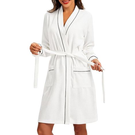 Peignoir de Bain Femme Coton Robe de Chambre en Tricot Gaufré à Manches Longues Kimono Doux et Confortable Longueur du Genou Loungewear Col V avec Ceinture, S (1/5)