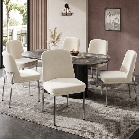 Set di 2 sedie da pranzo con seduta imbottita, struttura in metallo cromato, velluto beige (1/5)