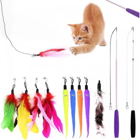 Cannes à pêche pour chats, jouets mobiles pour chats avec plumes et clochettes, jouets interactifs pour chatons, jouets pour chats (1/5)