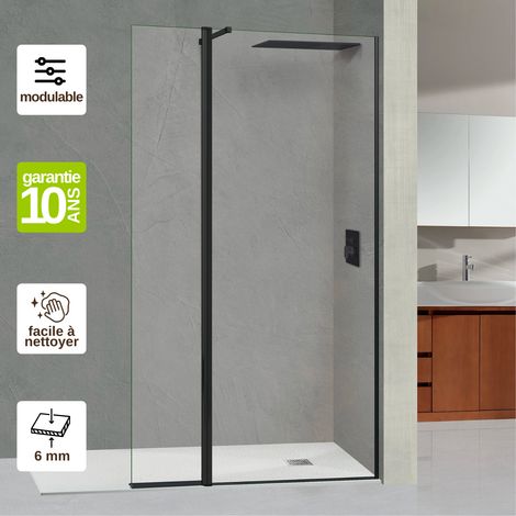 Paroi de Douche Fixe avec Déflecteur Gauche – Verre Trempé Transparent 6 mm Anti-calcaire - L(73+32)105H195 cm - noir mat - Alsace Sport + SUPERBAN (1/5)