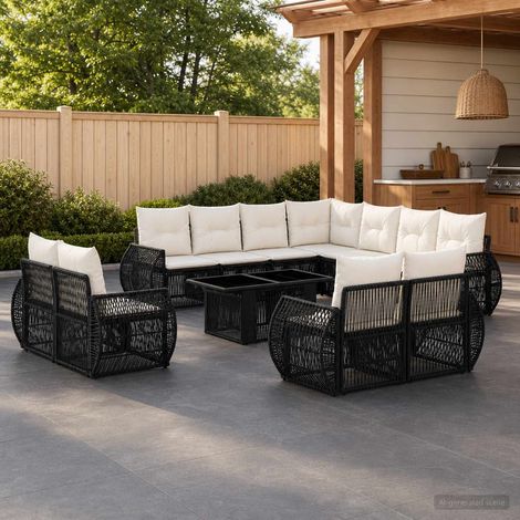 vidaXL Set Divano da Giardino 12 pz Nero e Bianco Crema polyrattan (1/5)