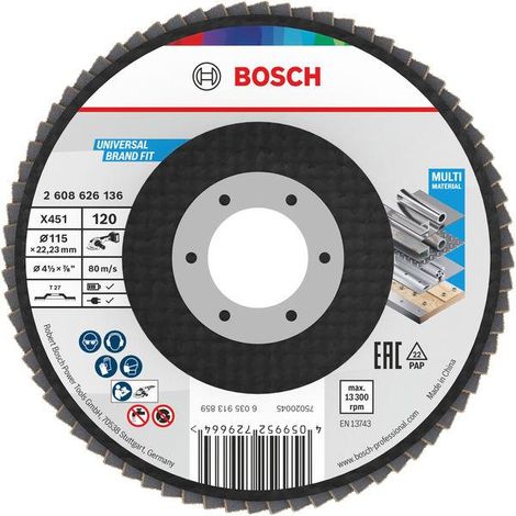 Bosch X451 Fächerschleifscheibe, 115 x 22,23 mm, K120, Z27, 15-tlg