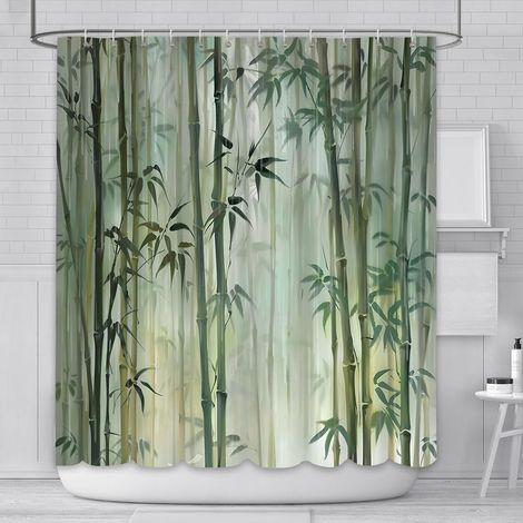 Rideau de douche en bambou 180 x 180 cm - Décoration de salle de bain - Vert zen - Rideau de bain imperméable et durable en polyester avec 12 crochets (1/5)