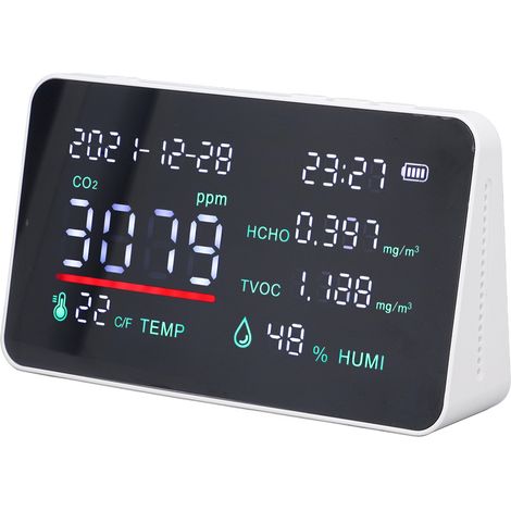 Moniteur de qualité de l'air à semi-conducteurs avec chargement USB, détecteur de température, d'humidité et de dioxyde de carbone (blanc) (1/5)