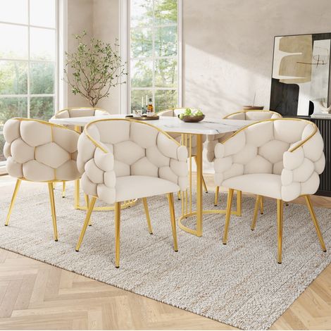 Set tavolo da pranzo 140x80x75 cm, con 6 sedie, sedute comode, piano facile da pulire, MDF, metallo, velluto beige oro bianco (1/5)