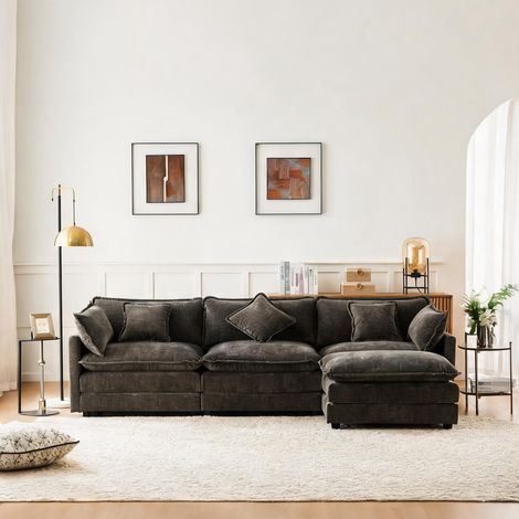 Canapé d'angle moderne en tissu chenille gris foncé en chenille (1/5)