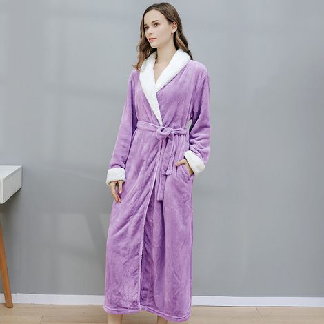 Women's Fleece Bathrobe, Soft Bathrobe Dressing Gown with Pockets Winter Christmas Gift L Purple (1/5)