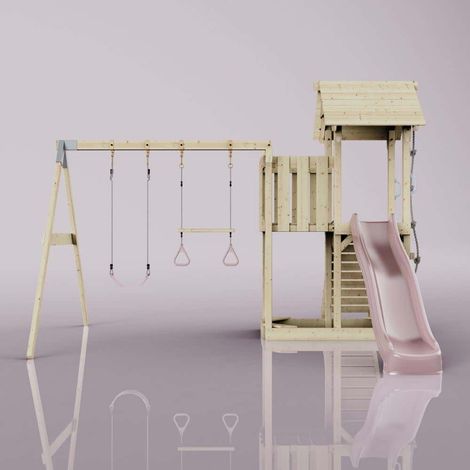 OutdoorToys Spielturm Uppsala aus Holz in Rosa mit Trapezstange (1/5)