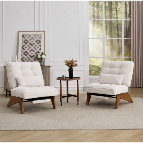 MODFU – Fauteuil lounge velours côtelé beige – Dossier réglable et coussin lombaire – Pieds inclinés en bois – Beige (1/5)