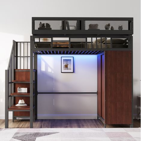 Letto a soppalco in metallo e legno nero 90x200 cm con armadio, LED, scala contenitore e protezioni