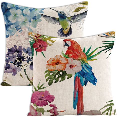 Ensemble de 2 housses de coussin décoratives à motifs floraux tropicaux, palmiers, feuilles et perroquets. Dimensions standard carrées : 45,7 x 45,7 cm (18 x 18 pouces). (1/5)