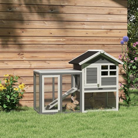 PawHut Clapier cage à lapins multi-équipé : niche supérieure avec rampe. plateau excrément. fenêtre + enclos  extérieur sécurisé 2 portes 123.5L x 62.6l x 92.5H cm gris