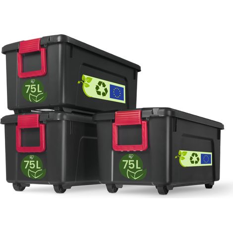 Malle, Boîtes de rangement plastiques, avec couvercle et Cips de fermeture, 75L, Lot de 3, Empilables, Roues, Sans BPA, Grenier, Cabanon, Garage, SIA-75, Noir (1/5)
