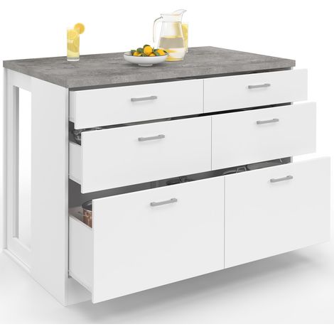 Ilot central mange-debout ORSO 120 cm casserolier 6 tiroirs blanc avec plan de travail effet béton