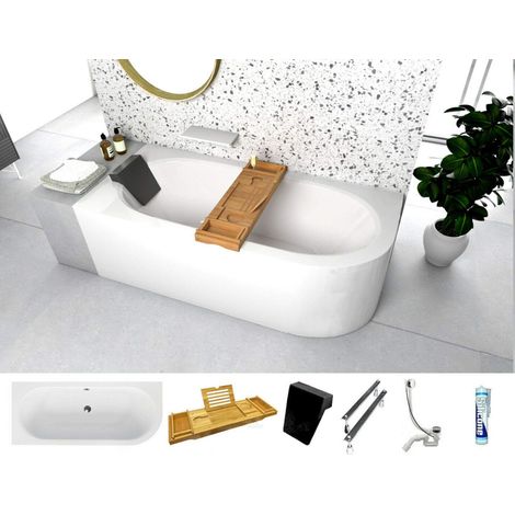 ECOLAM® Badewanne Eckbadewanne 180x80 cm LINKS Avita Eckwanne für Zwei Modern + Schürze + Bambus Ablage + schwarze Kopfstütze Ablaufgarnitur Design Acryl weiß