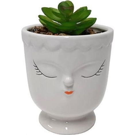 TrAdE Shop Traesio - Piantina Decorativa Grassa Artificiale Vaso Bianco Con Lineamenti Viso 9x9x13cm 607701 - (1/2)