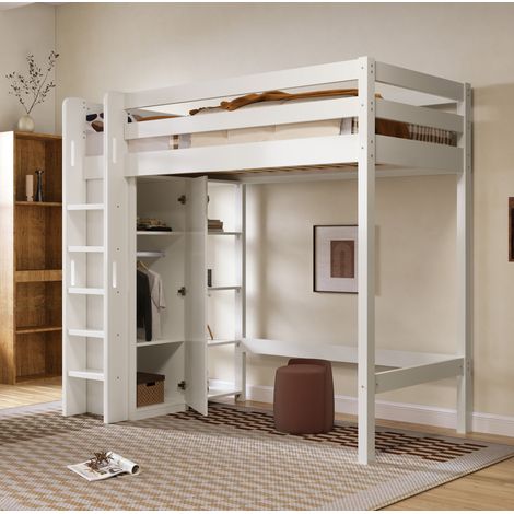 Hochbett 90x200 cm Weiß aus Spanplatte und Massivholz mit Kleiderschrank und 6 Regalen (1/5)