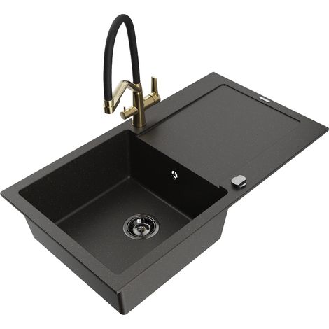 Mexen Leo lavello da cucina in granito 1 vasca con scolapiatti e rubinetto Duo, nero/metallico dorato - 6501-75-671701-57-B (1/5)