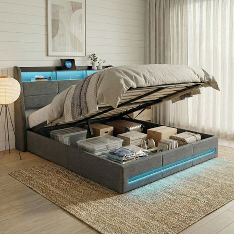 Lit coffre 140x190 avec sommier, ports USB & Type-C, lit double capitonné avec éclairage LED RGB, lit adulte hydraulique, tête de lit avec rangement, lin, style scandinave moderne, Gris