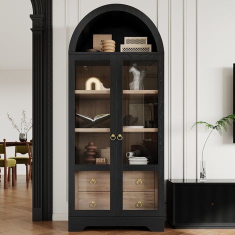 Aparador vitrina de cocina 76.2x40.1x180cm mueble de salón alto de mdf estilo moderno con puertas de vidrio y cajones - Negro (1/5)
