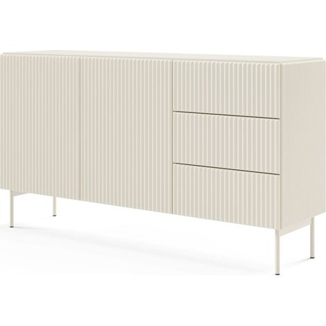 Commode 147 cm, 3 tiroirs, 2 portes, ouverture push-to-open, façades rainurées, Cachemire, 147 x 39,8 x 81,2 cm (1/5)