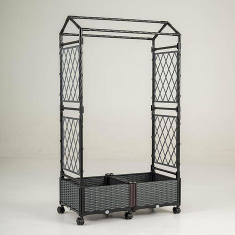 COSTWAY Jardinière avec 2 Treillis Latéraux Toit Suspendu, Lit de Jardin Surélevé Bac Inférieur à Arrosage Automatique en Rotin avec roulettes Verrouillables pour Plantes Grimpantes Fleurs (Gris) (1/5)