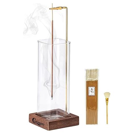 Porte-encens bois avec récupérateur cendres verre, kit brûleur avec bâtonnets pour méditation yoga spa (1/5)