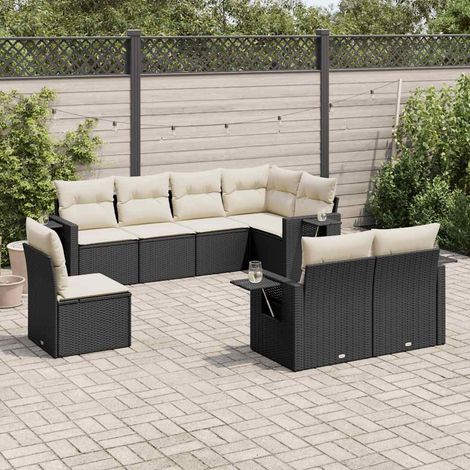 Ensemble Salon Jardin 8 Places Résine Tressée Noir avec Coussins Crème - Mobilier Extérieur Modulaire avec Rangement et Table (1/3)