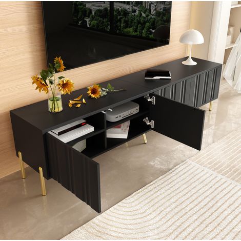 Mueble TV de 190 cm con 4 puertas y 8 estantes, negro y patas doradas HAVRYA (1/5)