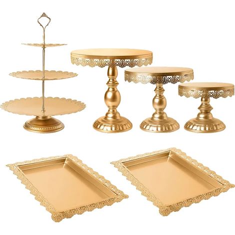 Ensemble de supports à gâteaux dorés, support à cupcakes à 3 niveaux, assiettes rectangulaires en dentelle, facile à assembler (1/2)