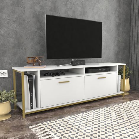 Decorotika Omar 160 Cm Wide Meuble TV TV Console Meuble TV With Open Shelves And Cabinets For Living Room Hallway - Blanc And Doré(e) (1/5)