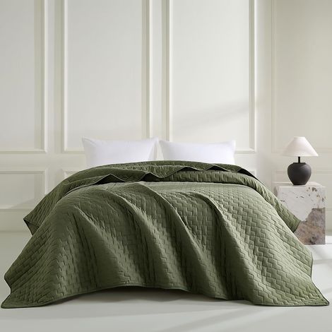Couvre-lit vert olive - 240 x 260 cm - Couette polyvalente comme jeté de lit ou jeté de canapé - Idéal comme couvre-lit dans un style moderne - Couverture pour lit et canapé (1/5)