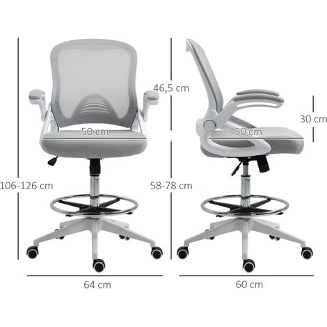 Fauteuil de travail ergonomique à accoudoirs escamotables et repose-jambes ajustable, siège rotatif à hauteur réglable avec mécanisme d'inclinaison, housse en tissu mesh gris clair (1/5)