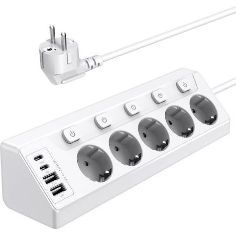Fare Cucina, presa multipla con 2 Porte USB e 2 Porte USB C, ciabatta 5 Prese con Interruttore, cavo di Prolunga 2m per Mobili, Divano, Scrivania, Tabella, Bianco (1/5)