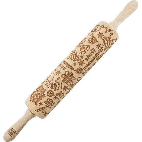 MoodForWood Rodillo de Madera, Grabado, 43 cm con Asas, Perfecto para Hornear - Patrón Frohe Weihnachten (1/5)
