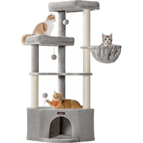 Tiragraffi 48,5 x 48,5 x 140,7 cm torre gioco per gatti con grotta per gatti grandi piattaforme palline di peluche amaca grigio 120008010